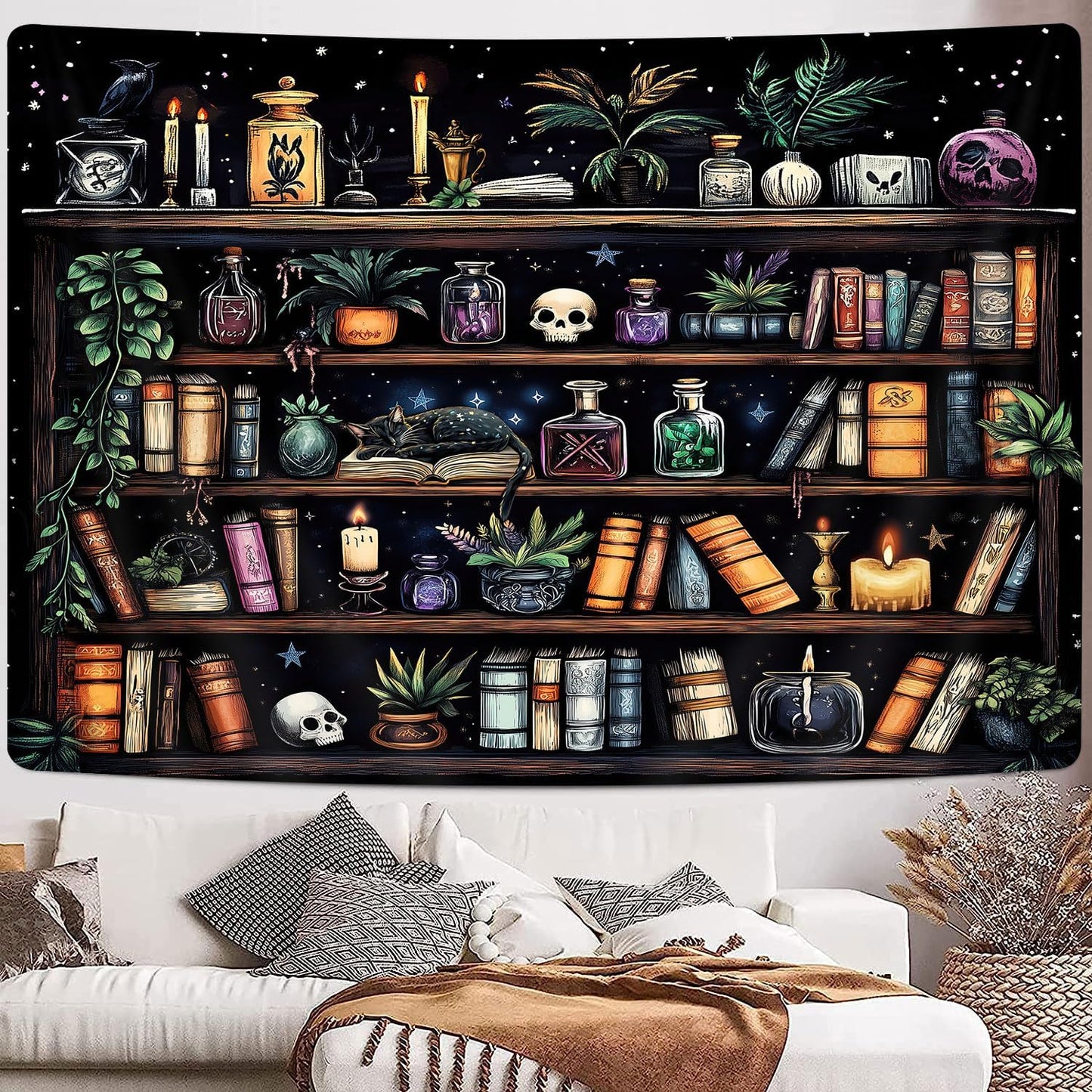 Bookshelf Tapestry Magical Library Witchy Tapestries, Vintage Fantasy Dark Bookshelf Hippie Cool Wall Tapestries Gothic Skull Black Cat Book Aesthetic Decor for Study Classroom, 60X40