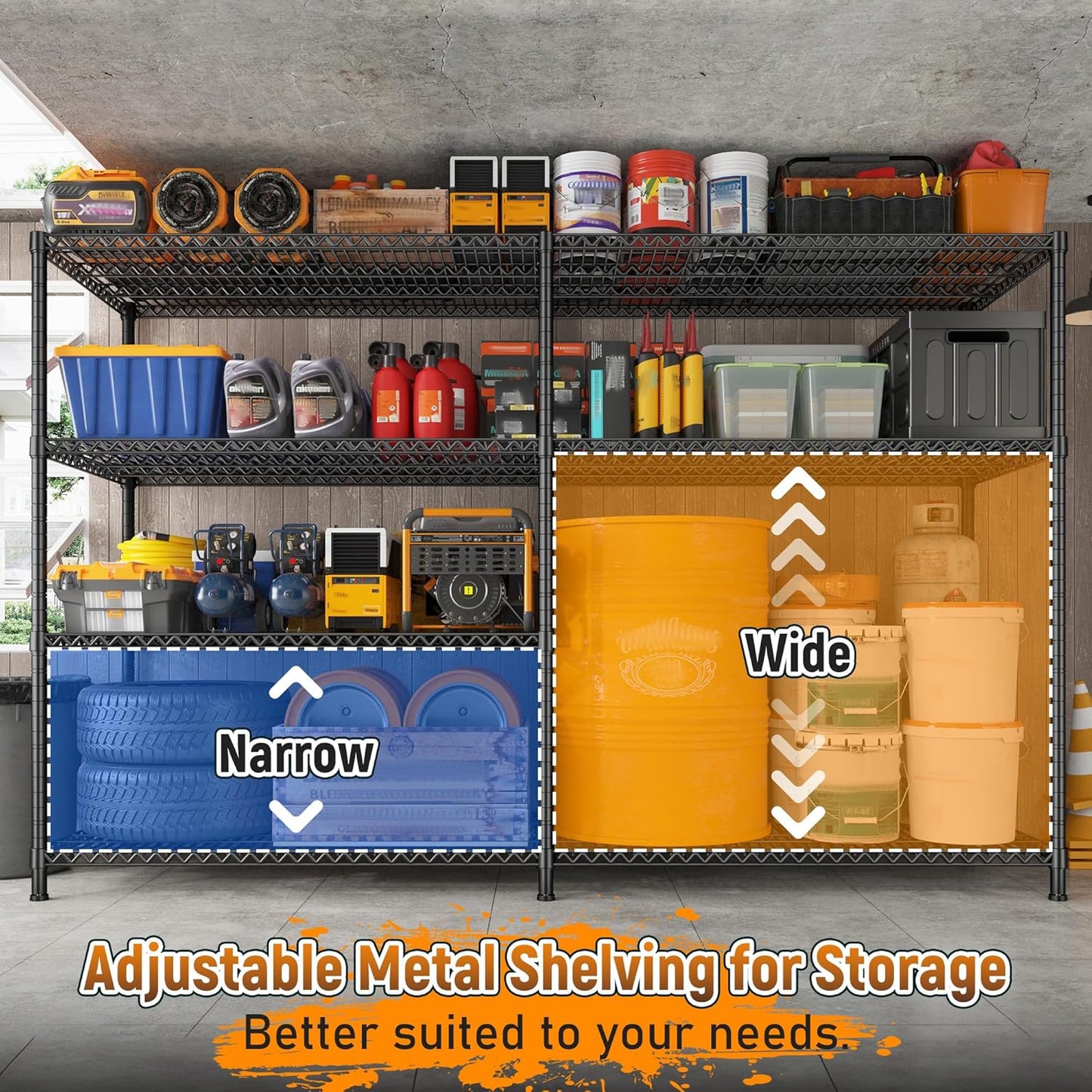 REIBII 81.5''W Storage Shelves 3680LBS Garage Shelving Heavy Duty 4 Tier Metal Shelving Unit Adjustable Wire Shelf and Storage Pantry Shelves for Kitchen Garage, 81.5Wx23.62Dx70.86H,Black, 2PCS