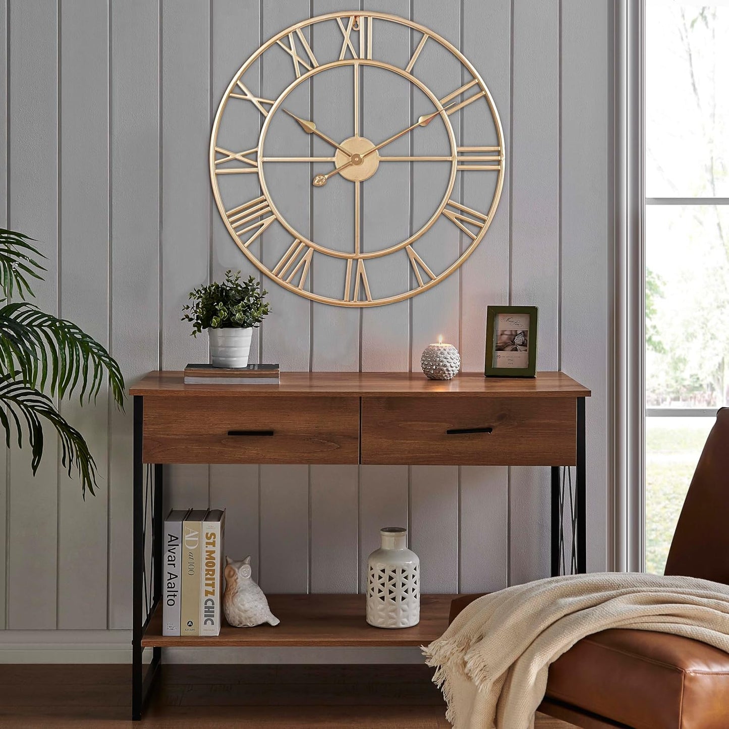 CLXEAST Champagne Gold Metal Wall Clock, Large Roman Numeral 24 Inch Wall Clocks for Living Room Decor,House Warming Gifts New Home