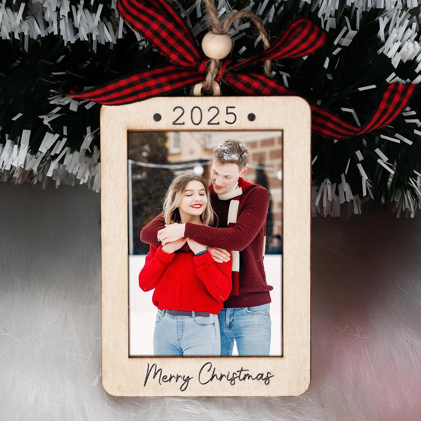 2025 Christmas Ornament Picture Frame - Wooden Portrait Photo Frame Ornaments - Picture Frame Ornament for Tree - Merry Christmas Ornaments with Picture Insert for Family, Friends