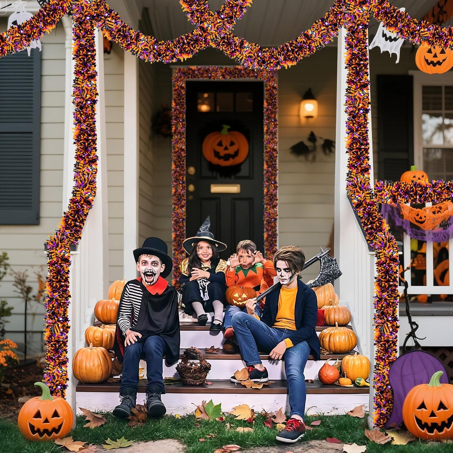 50FT Halloween Decorations Tinsel Garland, Orange Purple Black Shiny Metallic Tinsel Twist Hanging Streamers Garland for Halloween Birthday Home Tree Banister Indoor Outdoor Party Decor Supplies