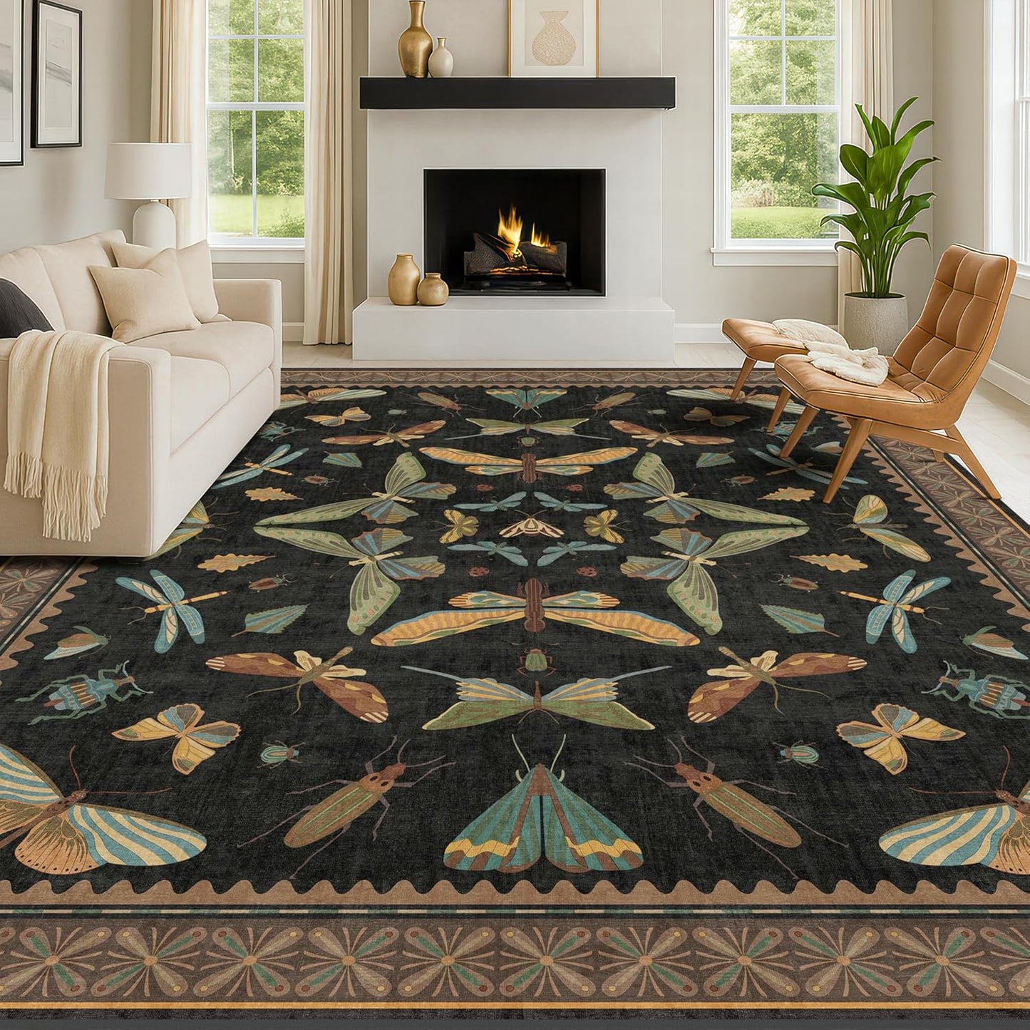 Black Washable Insect Area Rugs 8x10 - Bug, Dragonfly, Bee, Moth, Butterfly Print Rugs for Living Room, Bedroom, Dining Room Under Table, Playroom, Dark Whimscal Boho Carpet, Soft & Non Slip