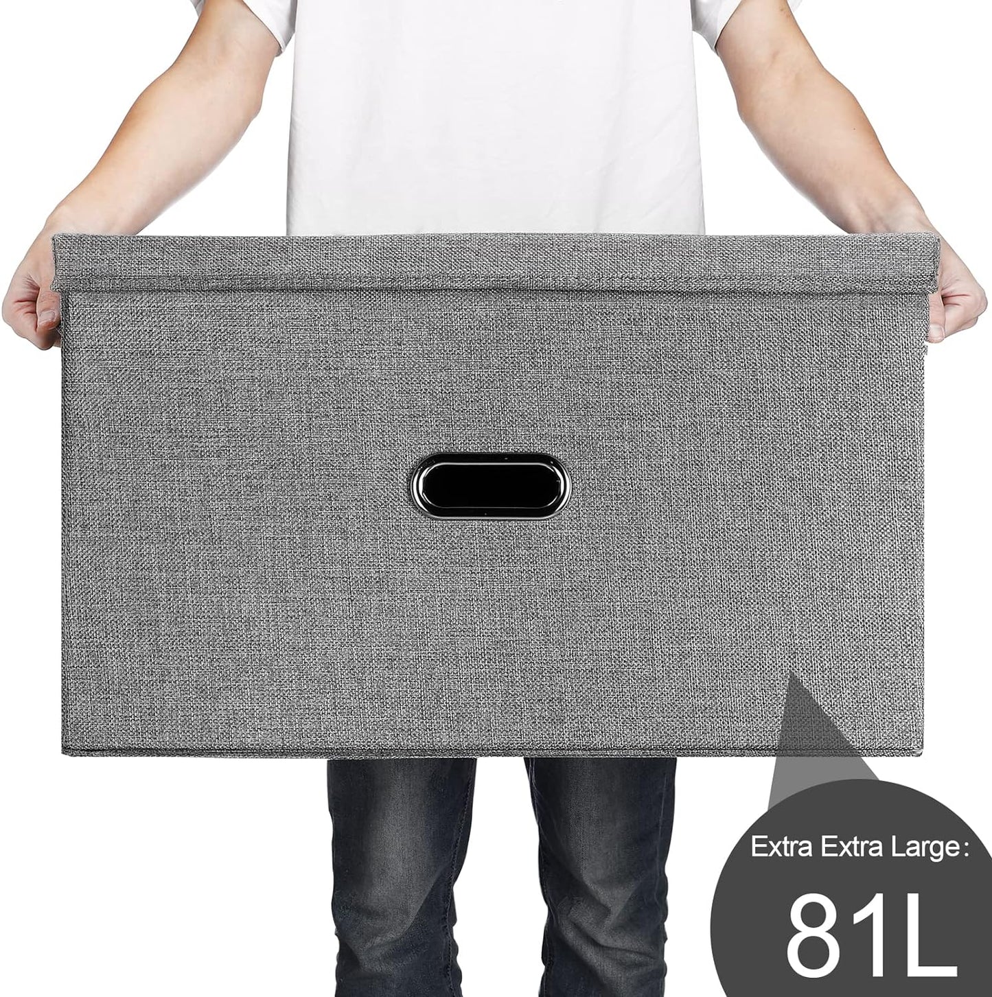 Large Linen Fabric Foldable Storage Bins with Removable Lid and Handles, Washable Storage Box Organizer Containers Baskets Cube with Cover for Bedroom,Closet,Office,Nursery (Khaki, XXL)