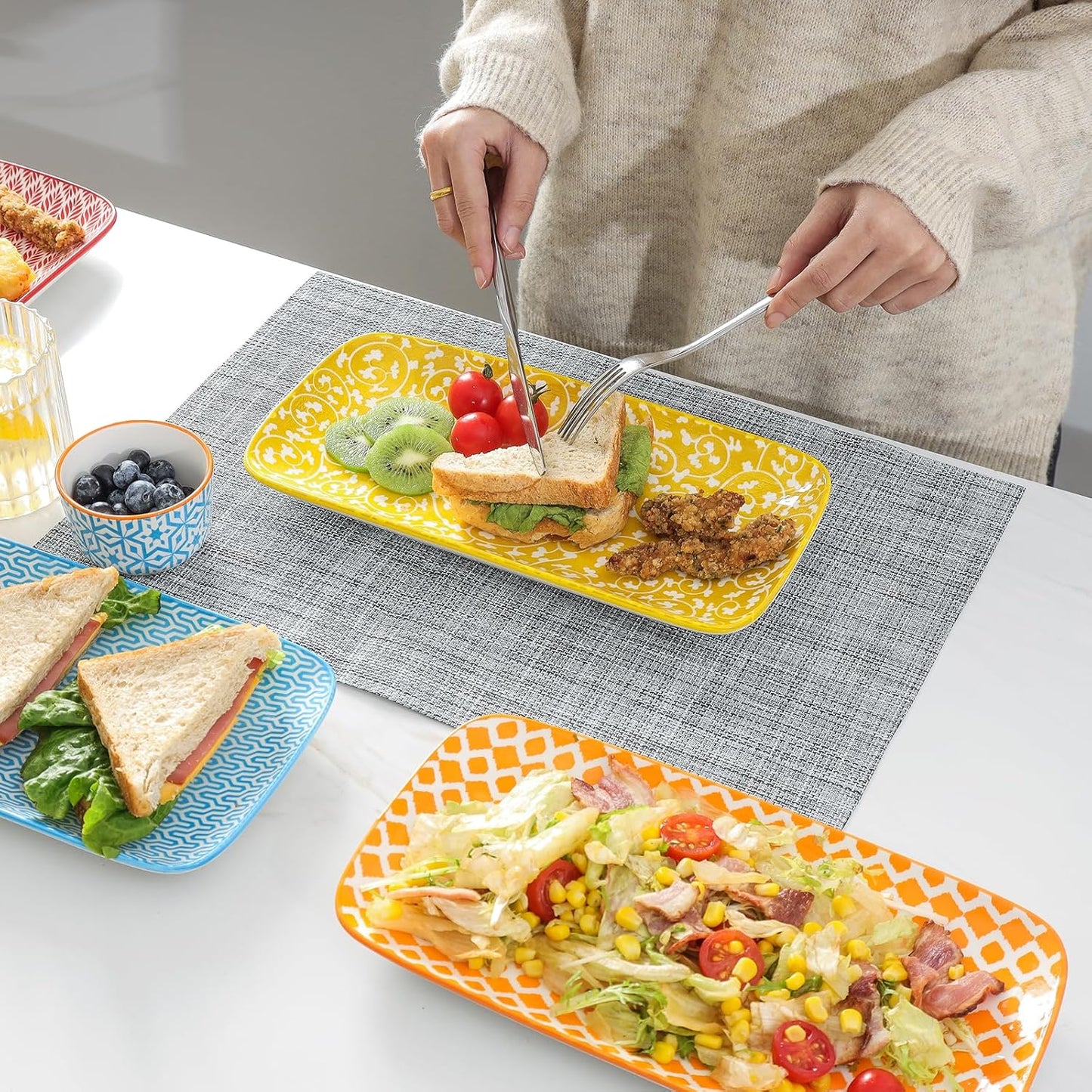 Selamica Ceramic Serving Platters, 14 Inch Serving Trays for Party Entertaining, Large Rectangular Serving Plates for Appetizer, Charcuterie, Dessert, Fruit, Set of 4, Assorted Colors