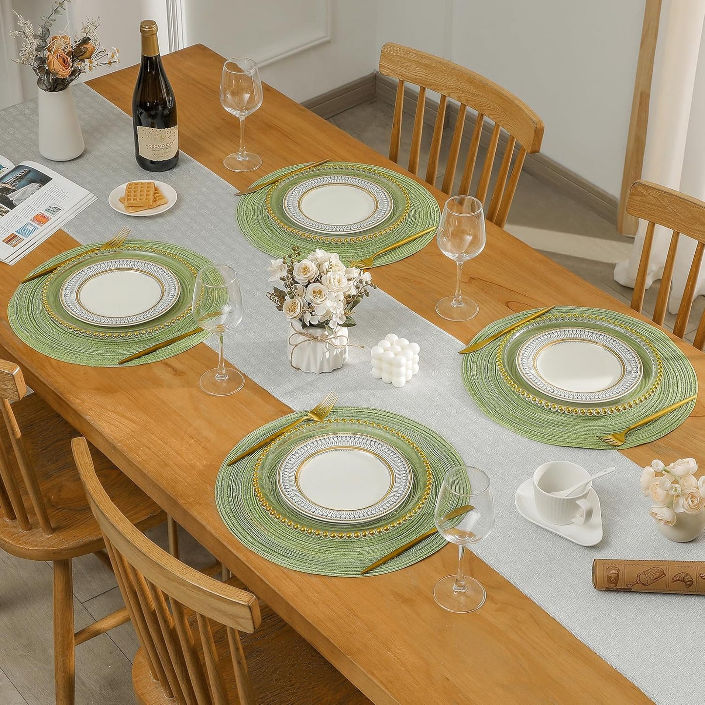 Leetaltree Round Placemats Heat and Slip Resistant Cotton Table Mats, Washable Bohemian Placemats for Dining Tables (Sage Green, Set of 12)