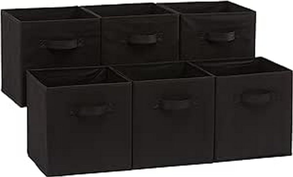 Amazon Basics Collapsible Fabric Storage Cubes Organizer with Handles, Sturdy, Black, 10.5-x-10.5-x-11-inch, Pack of 6