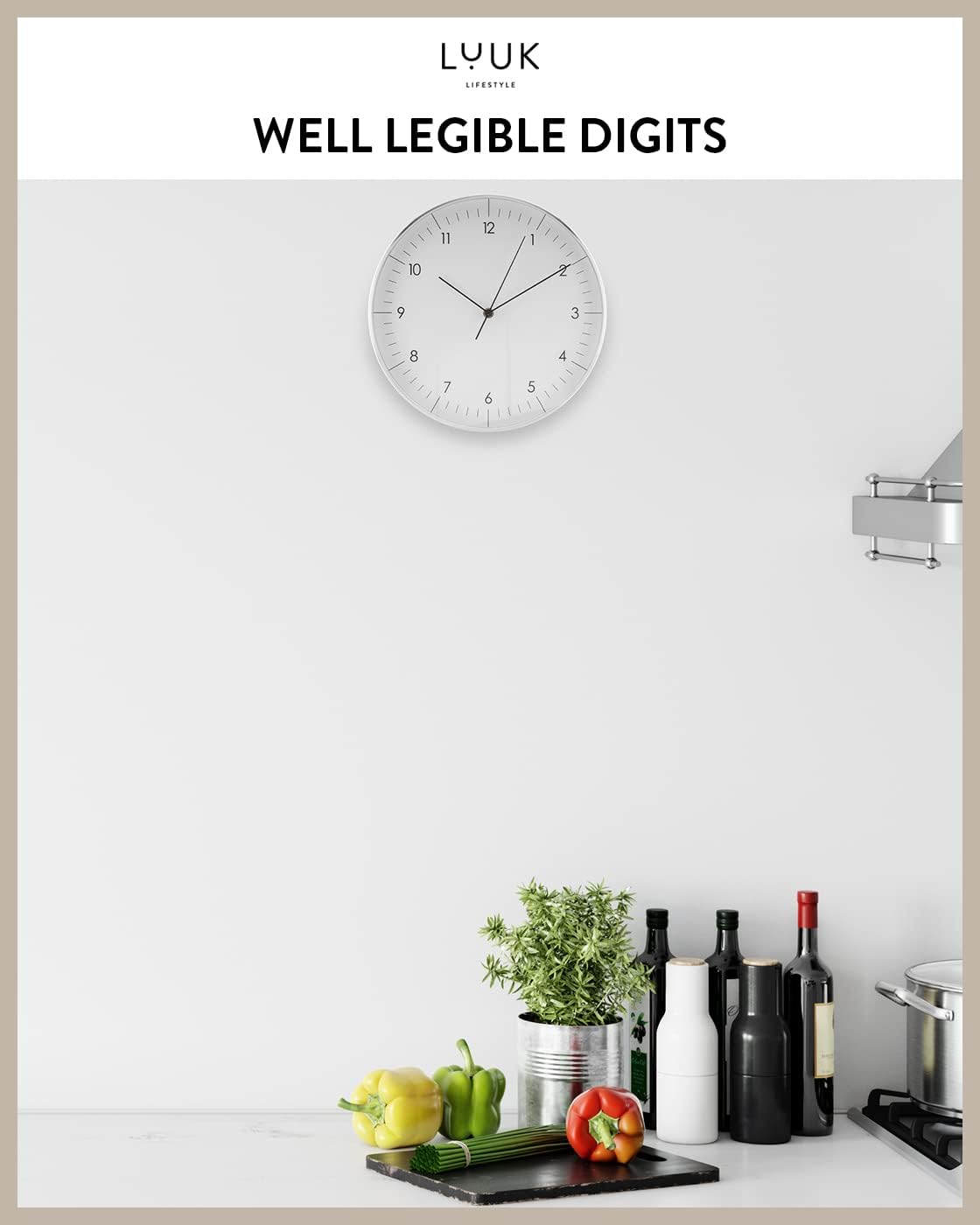 LUUK LIFESTYLE Modern Wall Clock Without Ticking, Pure Minimalist Design, legible Digits, Home Decor for Living Room, Office, in White and Silver