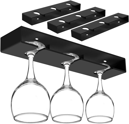 4Pack Wine Glass Holder Under Cabinet Shelf,Plastic Wine Glass Rack Stemware Drying Storage Hanger for Kitchen,Bar and Restaurant(Black)