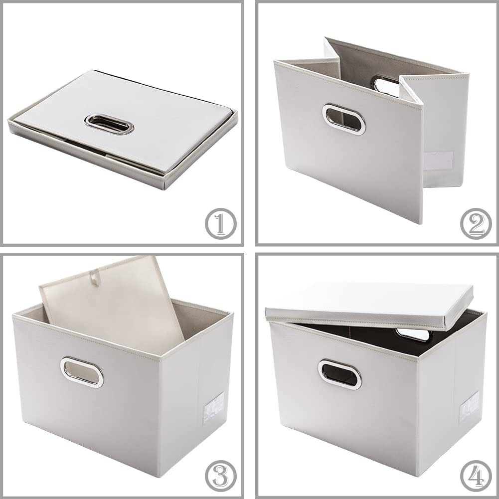 PRANDOM Foldable Storage Bins with Lids [5-Pack] Leather Fabric Collapsible Storage Boxes Organizer Containers Baskets Cube with Cover for Bedroom Closet Office Nursery White (14.9x10.8x10)