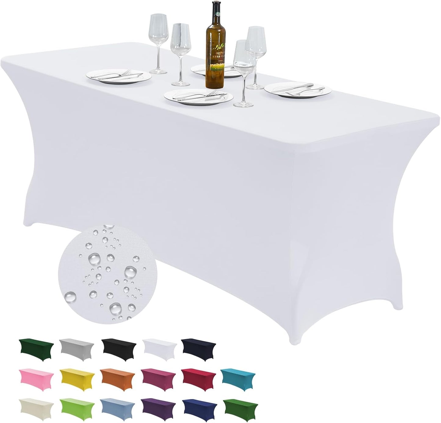 CWK 6FT Waterproof Stretch Spandex Table Cover for Rectangular Tables - Elastic Fitted Tablecloth for Folding Tables,Wrinkle Resistant Table Cloth for Parties, Weddings, Banquets & Events (White)