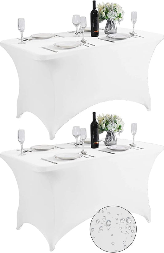 SuperO 2Pack Waterproof Spandex Table Cover for 4FT Table Universal Fitted Stretch Tablecloth for Party, Banquet, Wedding and Events-White