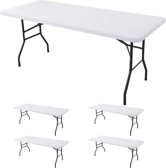 Fitted Tablecloth for 6 Foot Rectangle Tables-4 Pack White Elastic Outdoor Picnic Table Cover-Spandex Stretch Folding Table Cloths 6 ft for Camping Dining Room Patio Kitchen Banquet Party