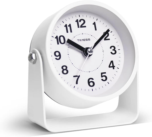 Analog Alarm Clock, Silent Non-Ticking Quartz Movement, Battery-Operated with Snooze & On-Demand Light, Easy to Set Gentle Wake Bedside Desk Clock, Ideal for Home, Travel, Office (White)