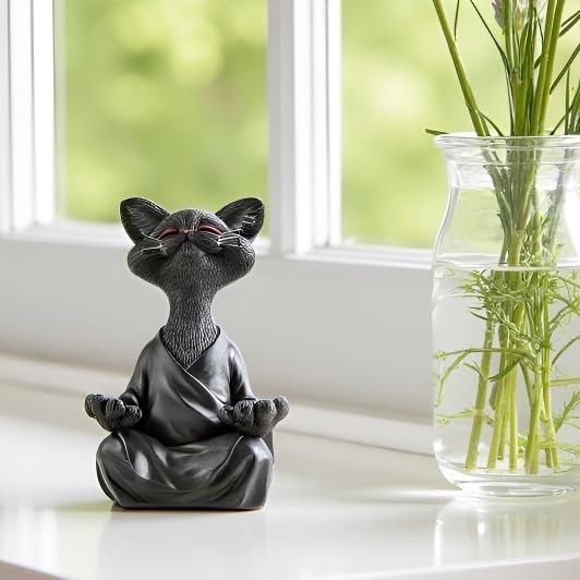 5" Whimsical Happy Cat Buddha Figurine – Zen-Inspired Resin Cat Statue – Meditating Animal Sculpture for Mindful Home or Office Decor – Peaceful Gift for Cat Lovers and Yoga Fans