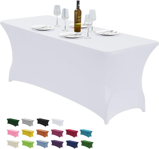 CWK 4FT Waterproof Stretch Spandex Table Cover for Rectangular Tables - Elastic Fitted Tablecloth for Folding Tables,Wrinkle Resistant Table Cloth for Parties, Weddings, Banquets & Events (White)