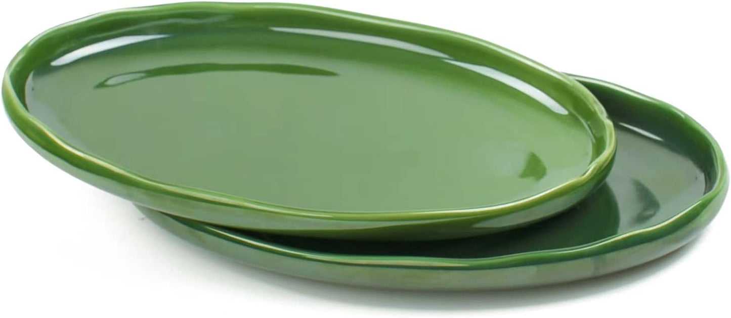 vicrays Ceramic Serving Platter Tray - Extra Large Oval 14.5 Inch Porcelain Dinner Plates Long Serving Dish Set - for Party Restaurant Food Meat Sushi Fish Turkey Platter - Green