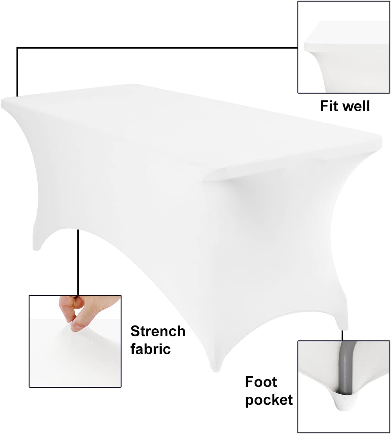 Spandex 6ft Waterproof Table Cover for Party,Wedding, Banquet, and Events(White)