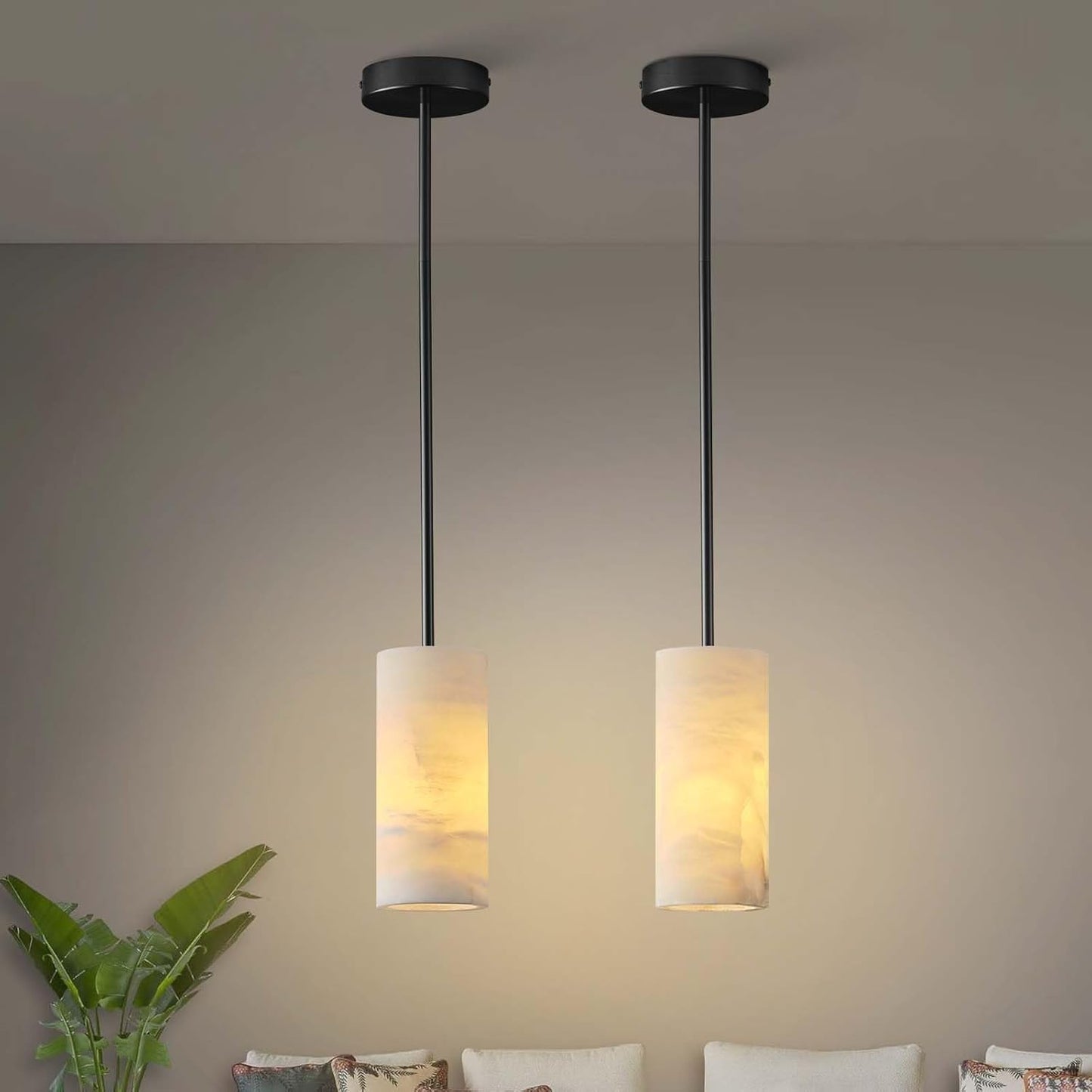 Alabaster Pendant Light Kitchen Island, H-9.5in Black Pendant Light Fixtures with Natural Marble Shade, Adjustable Ceiling Pendant for Dining Room, Living Room, Bedroom & Bathroom