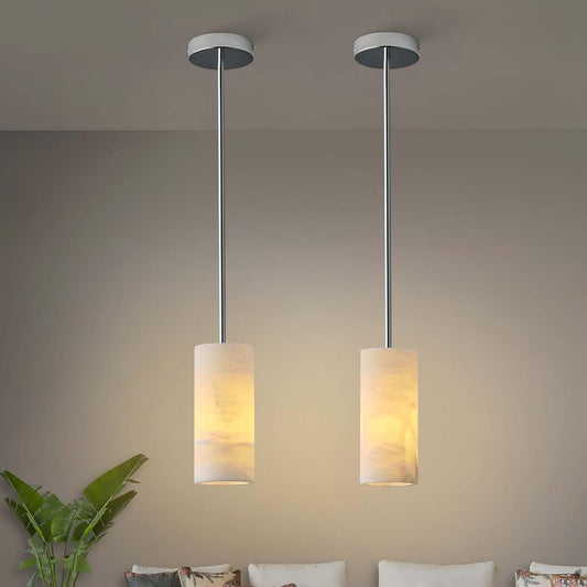 Alabaster Pendant Light Kitchen Island, H-9.5in Nickel Pendant Light Fixtures with Natural Marble Shade, Adjustable Ceiling Pendant for Dining Room, Living Room, Bedroom & Bathroom