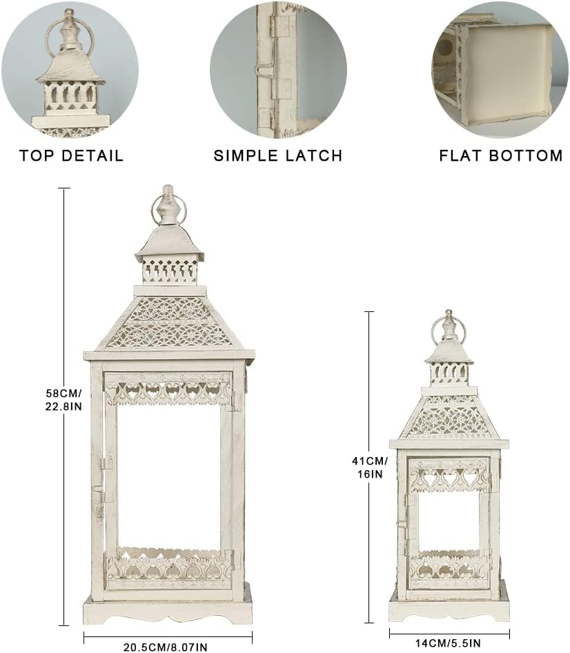 NEEDOMO Lanterns Decorative Outdoor & Indoor, Set of 2 Outdoor Lanterns for Porch,Large Square Candle Lantern, Beige Metal Frame with Glass for Fall, Christmas