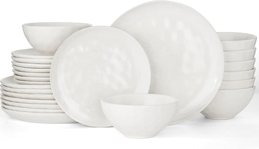 Famiware Dinnerware Sets for 8, Ocean Round 24-Piece Kitchen Plates and Bowls Sets, Microwave and Dishwasher Safe, Scratch Resistant, Matte White
