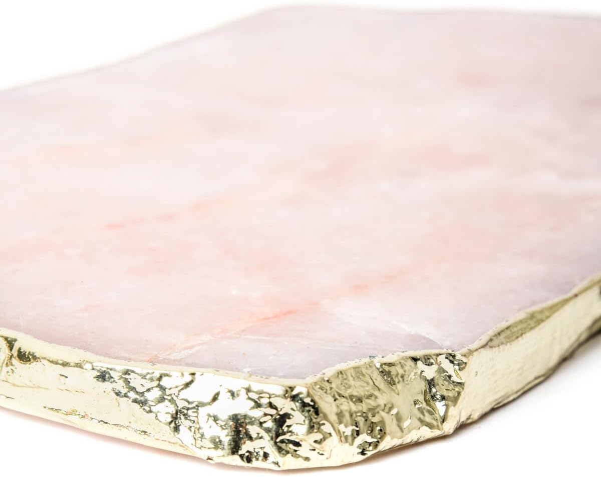 Generic Rose Quartz Cheese Serving Board Platter Tray Gold Plated Edges Decorative Agate Slab for Table Centrepiece Geode Stone Gifts For House Warming, Engagement, Wedding