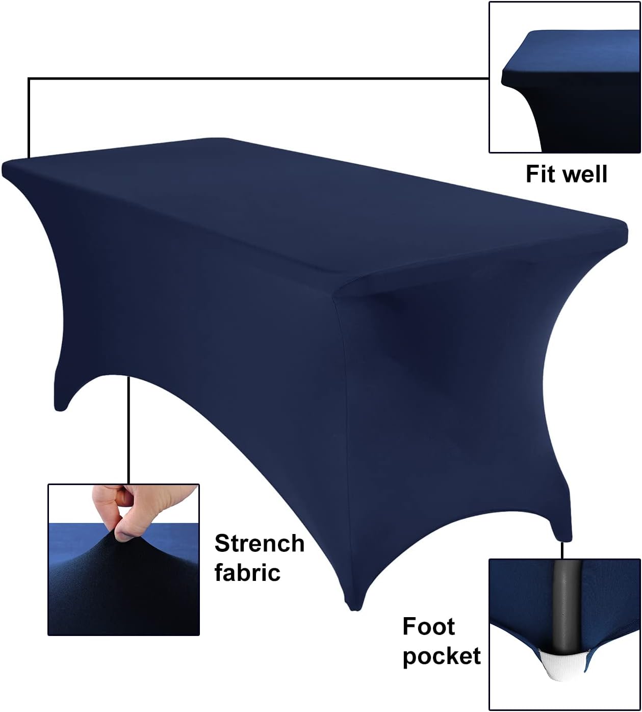 4Pack Spandex Waterproof Table Covers 6ft，Spandex 6ft Waterproof Table Cover for Party,Wedding, Banquet, and Events(Navy)