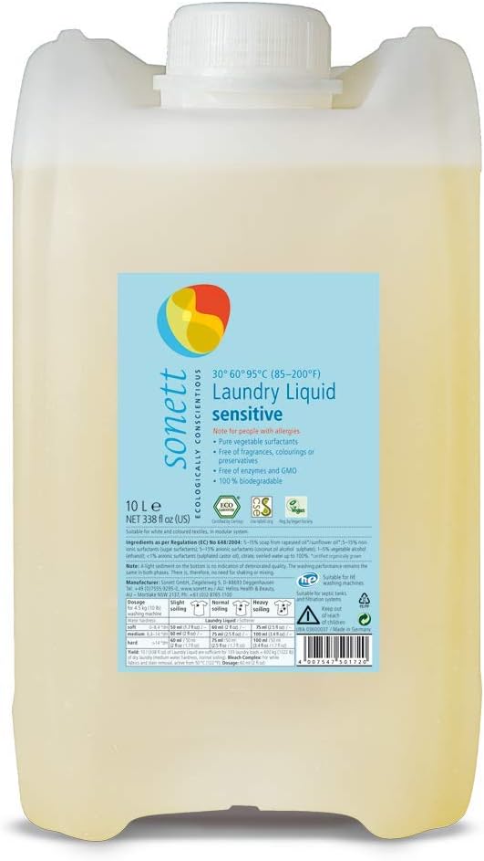 Sonett Organic Laundry Liquid Detergent Sensitive (2.6 gal/10L) for people with allergies GMO free Certified Organically Grown