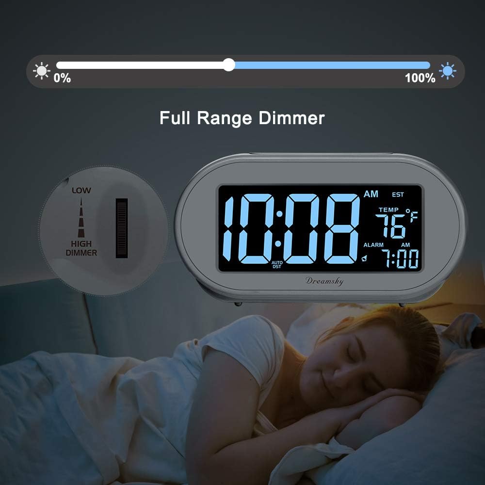 DreamSky Alarm Clocks for Bedrooms, Auto Set Digital Desk Clock for Bedside Nightstand, Electric Clock with Dimmable Brightness Dimmer, Auto DST, USB Port, Date, Temperature, Snooze