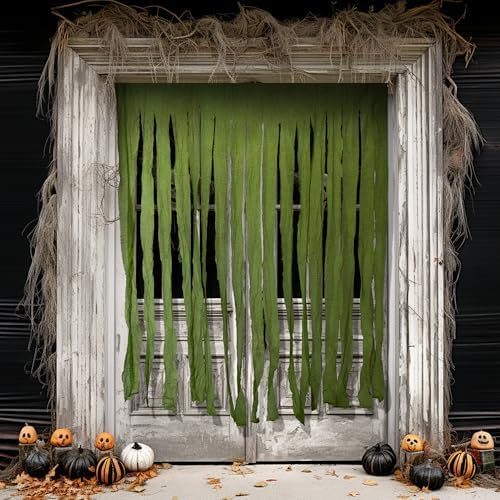 RunNico 2Pcs 85" x 60" Large Halloween Door Curtain Decoration, Green Gauze Doorway Curtain, Creepy Cloth Strip Drape for Halloween Horror Theme Party Haunted House Costume Decor