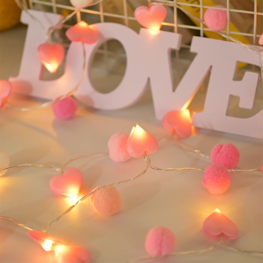 9.85Ft String Lights with 20 Pink Heart LEDs 20 Pink Pom Poms Garland Lights with Timer Valentine Decoration for Home Kid Bedroom Mother's Day Wedding Party Valentine's Day Decor