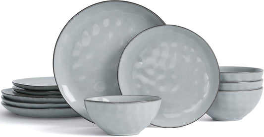 Famiware Dinnerware Sets for 4, Ocean Round 12-Piece Kitchen Plates and Bowls Sets, Reactive Glaze, Microwave and Dishwasher Safe, Scratch Resistant, Grey
