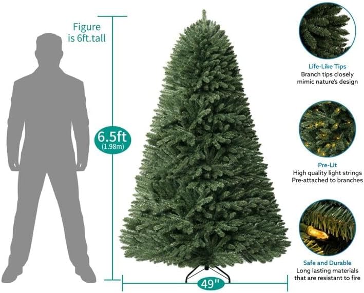 Naomi Home 6.5ft Christmas Tree with Lights Realistic Spruce Christmas Tree Prelit with Foot Pedal 1197 Branch Tips 450 Warm Lights and Metal Stand Aritificial Tree +ürbol De Navidad