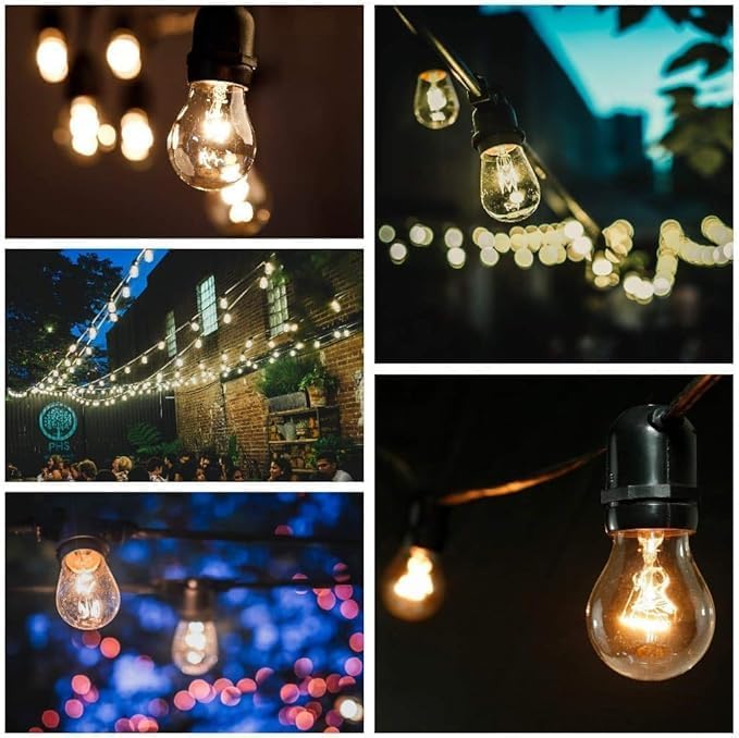Hometown Evolution, Inc. E26 Outdoor Commercial String Lights with Suspended Socket for Weatherproof Heavy Duty Vintage Outside Lighting (S14 LED Plastic, 50 Foot 25 Socket)
