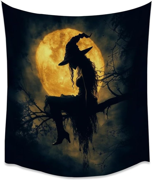 Halloween Witch Tapestry Wall Art Witchcore Moon Aesthetic Print Dark Academia Gothic Tapestries Wall Hanging Horror Ghost Halloween Party Decor for Home Living Room Bedroom 40x60inch
