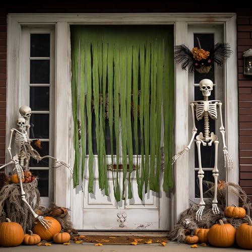 RunNico 2Pcs 85" x 60" Large Halloween Door Curtain Decoration, Green Gauze Doorway Curtain, Creepy Cloth Strip Drape for Halloween Horror Theme Party Haunted House Costume Decor