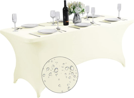 SuperO Waterproof Spandex Table Cover for 6FT Table Universal Fitted Stretch Tablecloth for Party, Banquet, Wedding and Events-Ivory