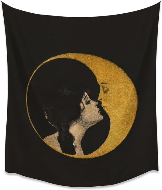 Dark Academia Woman Kissing Moon Art Tapestry Gothic Aesthetic Wall Hanging Witchy Picture Print Moon Goddess Tapestries Wall Decor for Living Room Bedroom Dorm 50x60inch