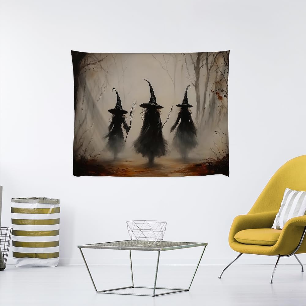 Witchy Halloween Tapestry Wall Hanging Vintage Spooky Witch Room Print Dark Academia Autumn Forest Three Witches Tapestries Decor for Halloween Living Room Bedroom Decoration 60x80inch