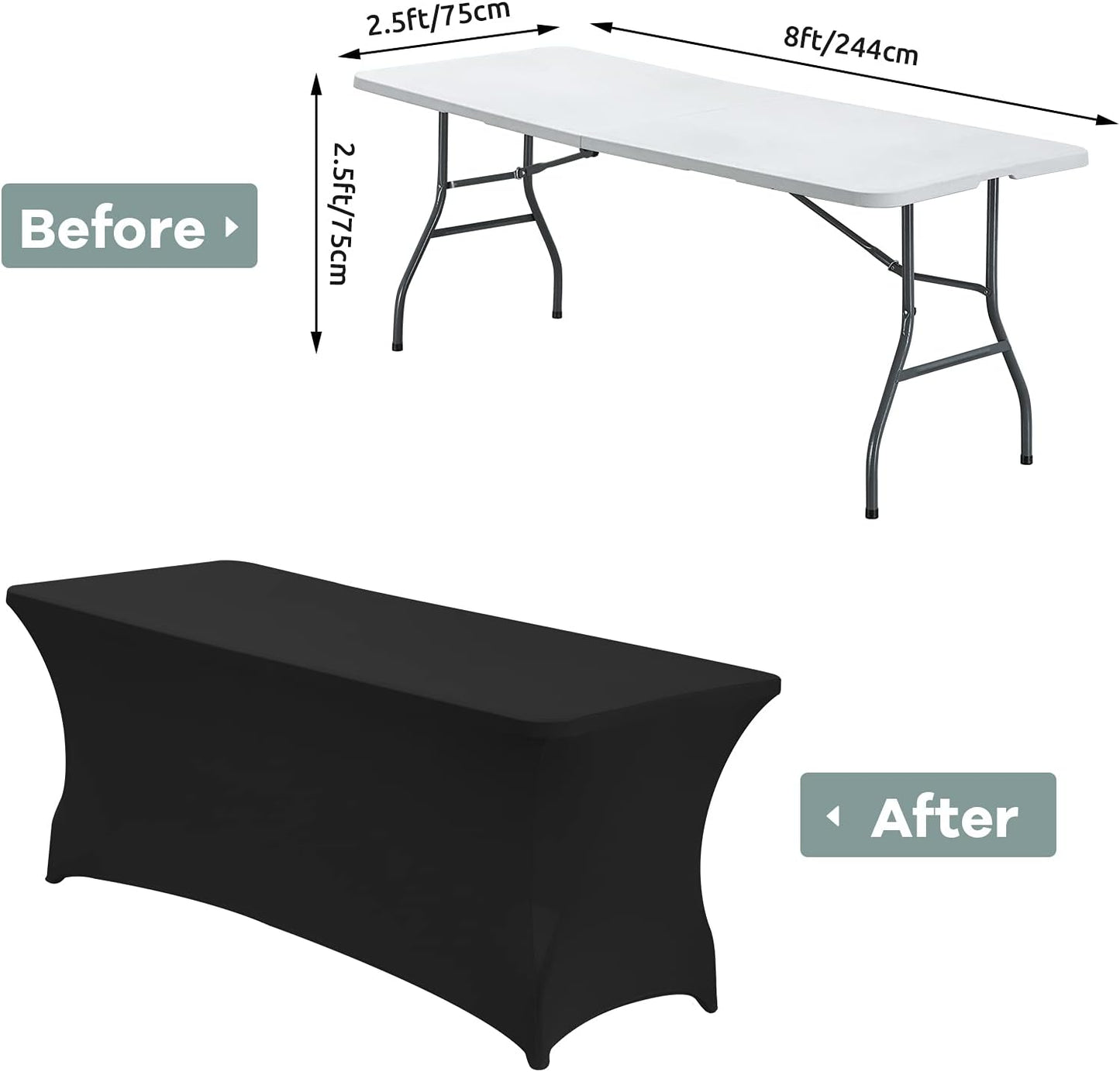 CWK 8FT Waterproof Stretch Spandex Table Cover for Rectangular Tables - Elastic Fitted Tablecloth for Folding Tables,Wrinkle Resistant Table Cloth for Parties, Weddings, Banquets & Events (Black)