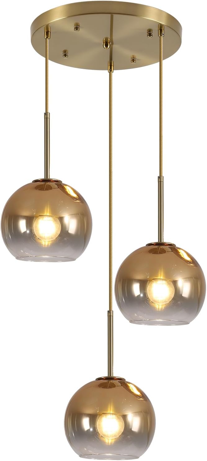 KCO Lighting 3 Light Globe Cluster Pendant Light Modern Glass Cluster Chandelier Gold Glass Pendant Light Fixture Mid Century Dining Room Chandelier Multi Pendant Light Fixture