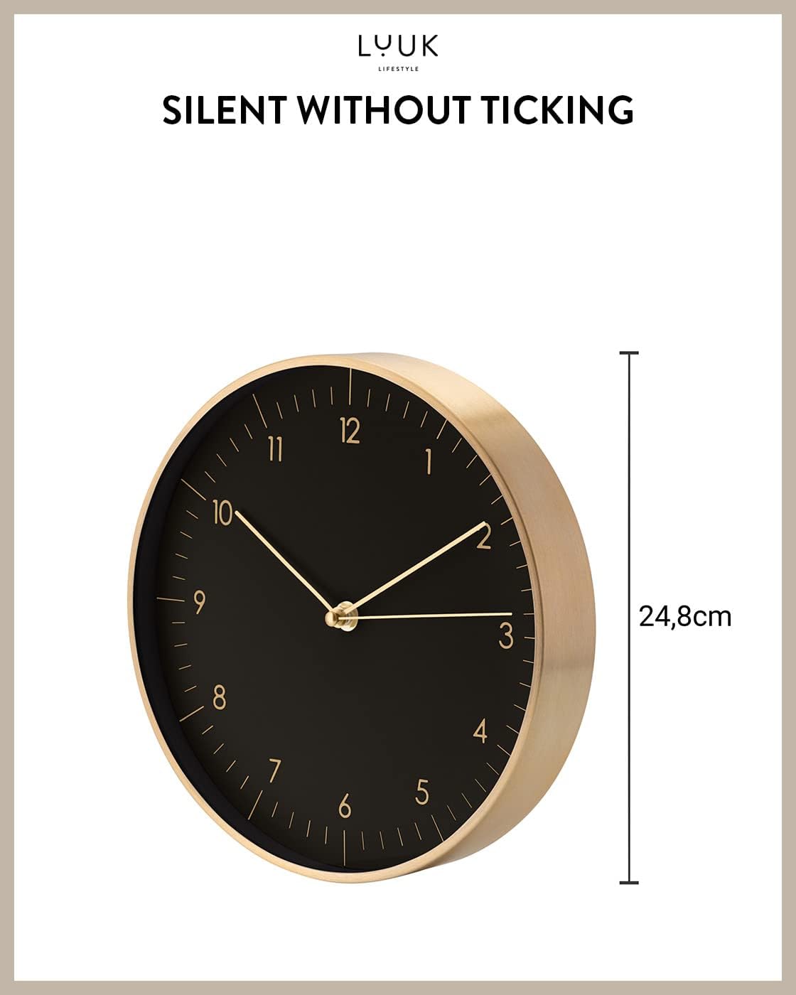 LUUK LIFESTYLE Modern Wall Clock with Silent Quartz Movement, Stylish & Functional, Decoration for Bedroom, 12 inch, in Black & Gold