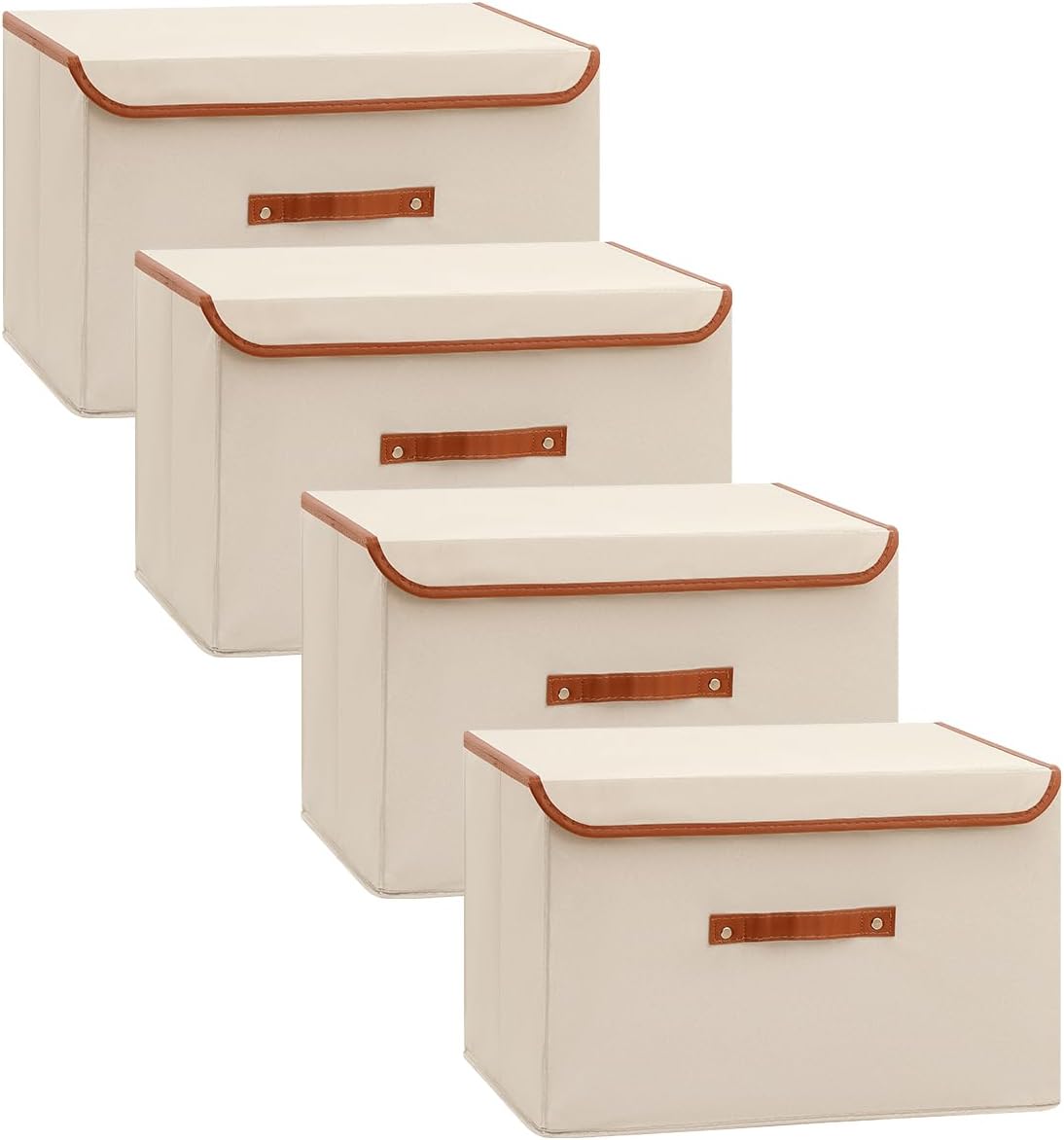 Tuza 4 Pack Large Fabric Storage Bins with Lids, Foldable Storage Boxes with Lids for Organizing, Decorative Storage Boxes with Handles for Home, Bedroom, Closet, Office(Khaki, Extra Large)