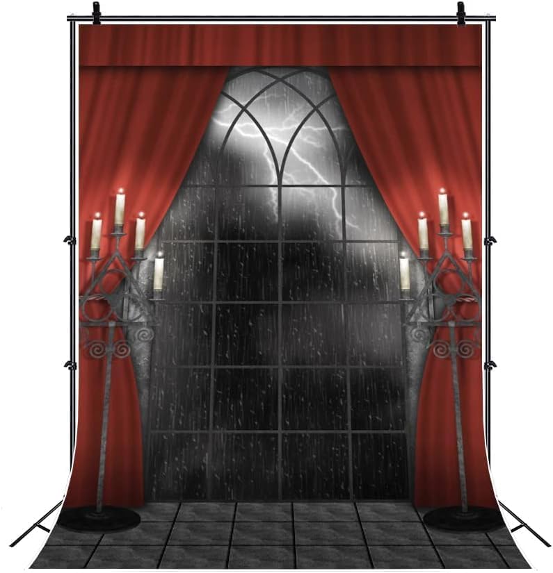 Renaiss 6x8ft Vintage Gothic Window Backdrop Red Curtain Candlestick Black Floor Lightning Stormy Sky Vampire Medieval Castle Photography Background Halloween Dress Up Party Decors Photo Booth Props