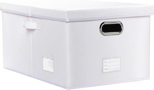 PRANDOM Collapsible Storage Box with Lid [1-Pack] Leather Fabric Foldable Storage Bin Organizer Container Basket Cube with Cover for Home Bedroom Closet Office Nursery White (22.8X15.7X11.8)
