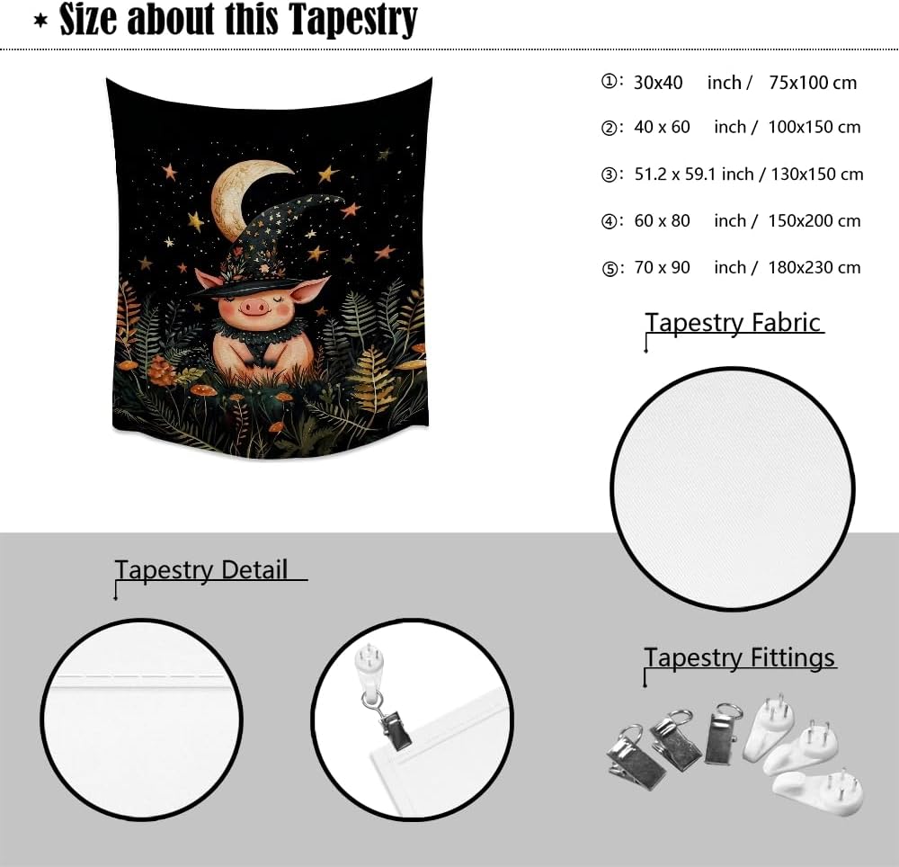 Whimsical Witch Pig Tapestry Wall Hanging Cute Farmhouse Animal Tapestry Aesthetic Moon and Stars Pictures Print Cottagecore Witchy Halloween Artwork Tapestries Decor for Living Room Bedroom 60x80inch
