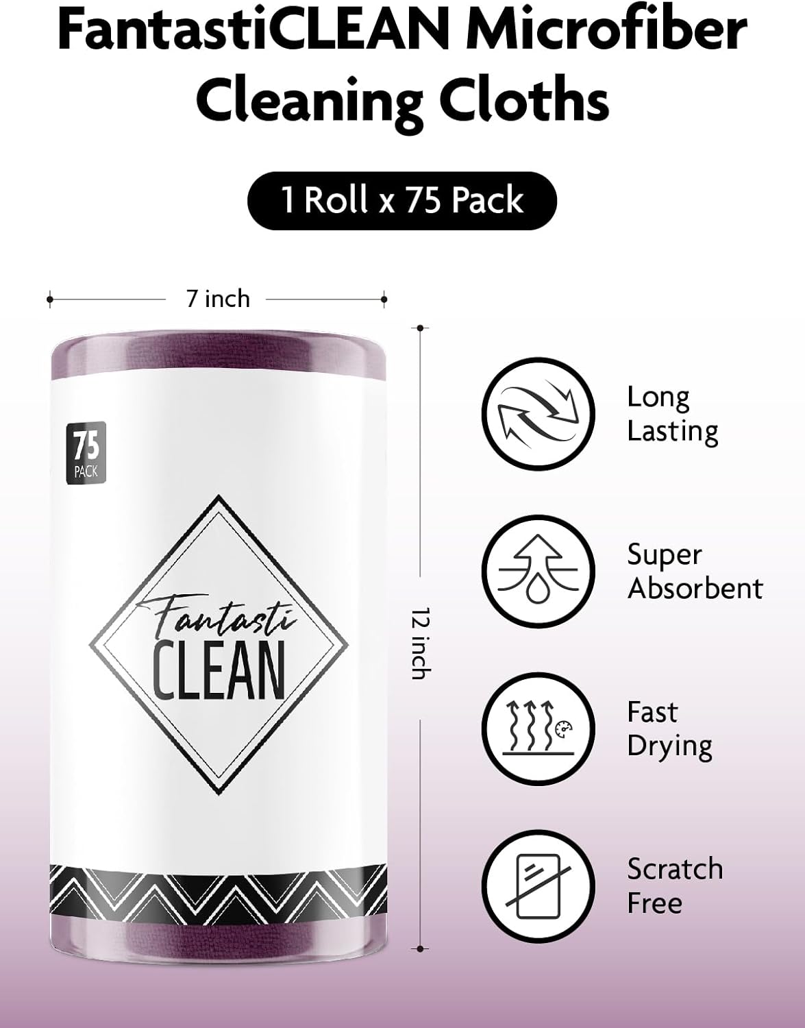 Fantasticlean Microfiber Cleaning Cloth Roll -75 Pack, Tear Away Microfiber Towels, 12" x 12", Reusable, Washable, Scratch Free, Ultra Absorbent Dish Rags for Car, Home, Garage or Shop (Dark Purple)
