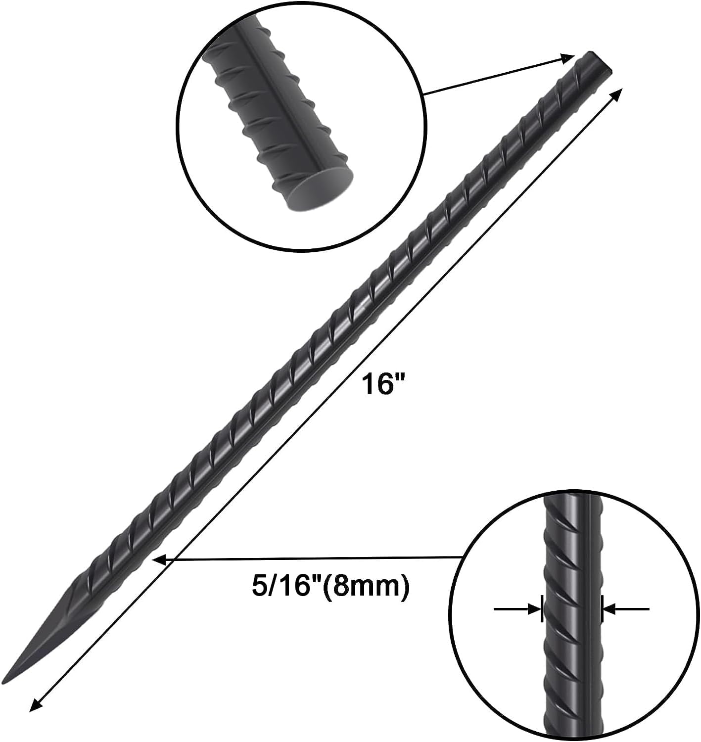 VVOKGO Rebar Stakes 16 Inches Ground Concrete Form Stakes (12pcs), Straight Metal Spikes Heavy Duty with Chisel Point End, 5/16" Diameter Steel Anchors for Fence, Concrete Timber, Garden Plants, Black