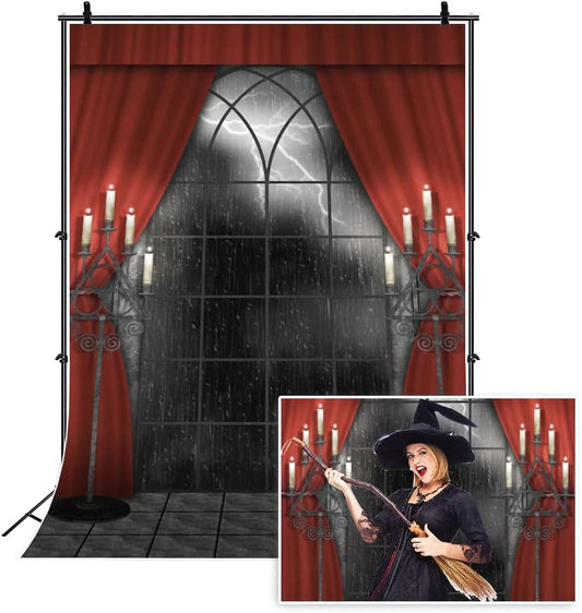Renaiss 3x5ft Vintage Gothic Window Backdrop Red Curtain Candlestick Black Floor Lightning Stormy Sky Vampire Medieval Castle Photography Background Halloween Dress Up Party Decors Photo Booth Props