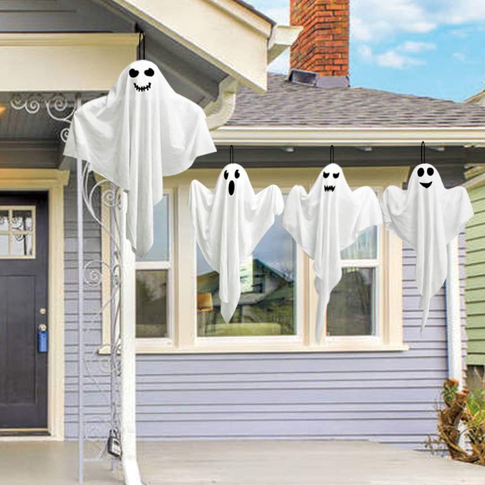 4 Pack Halloween Hanging Ghosts, 27.5" Cute Flying Ghost Decorations for Front Yard Patio Lawn Garden Party Décor and Holiday Decorations